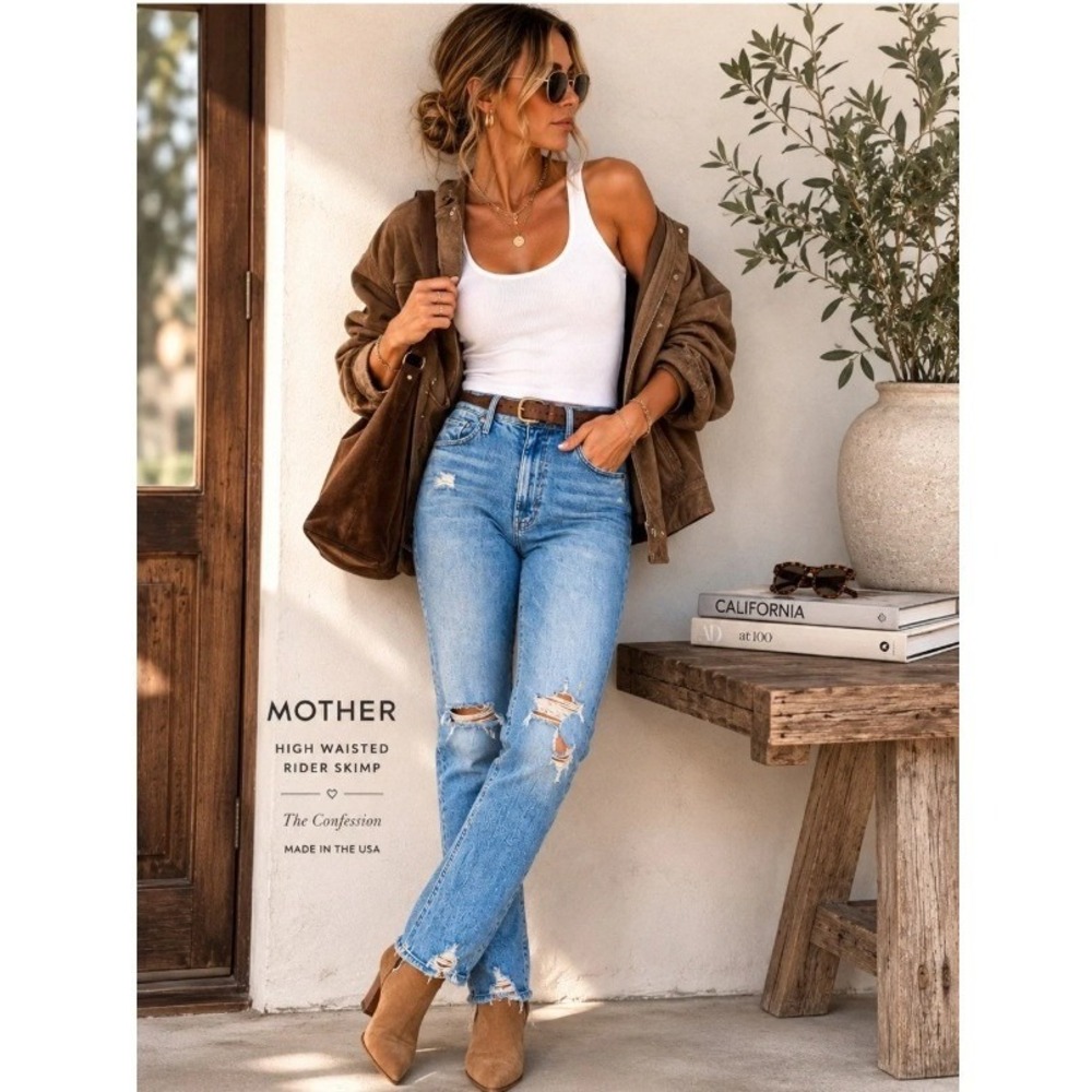 Mother Superior High Waisted Rider Skimp Jeans The Confession Blue Distressed 26